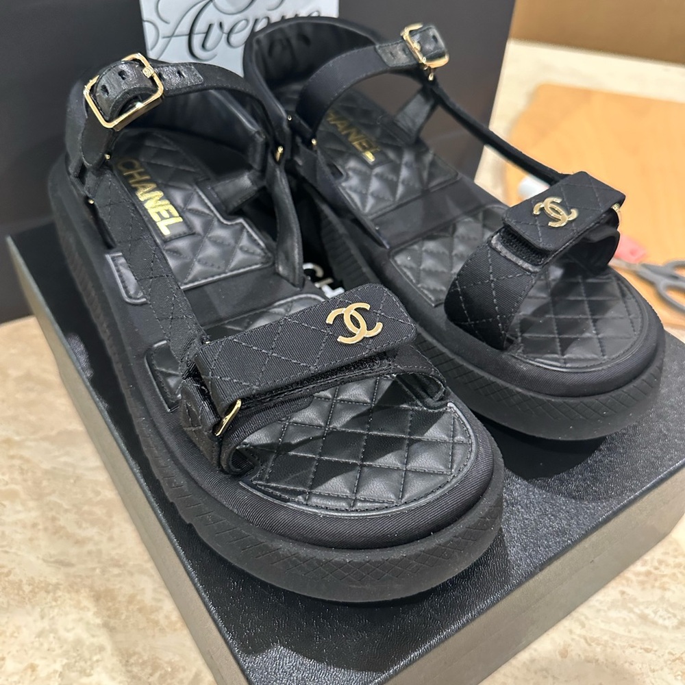 Chanel Black Quilted Sandals with Gold Accents